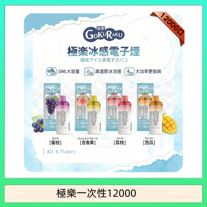 【8種口味】極楽 12000口一次性電子煙|超大容量 |口感絲滑|新品